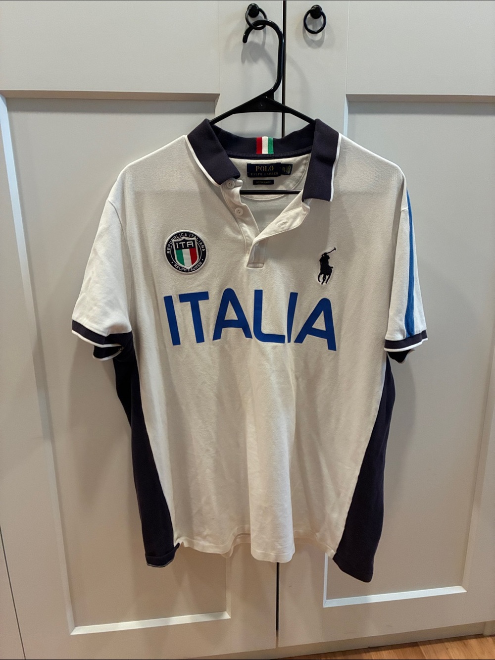 Polo by Ralph Lauren White & Navy Italia Polo Shirt (Size XL Custom Slim Fit)